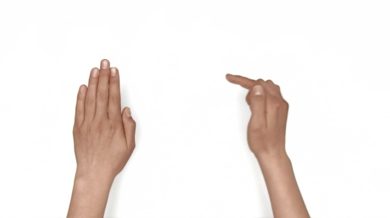 A hand pointing at the other in a video with hands
